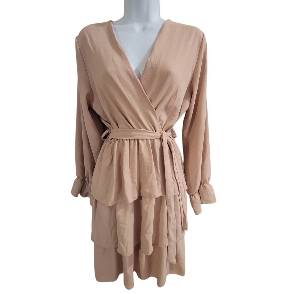 New Collection Blush Pink Tiered Ruffle Wrap Dress XS/S Bell Sleeve Boho